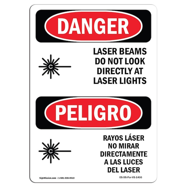 OSHA, Laser Beams Look Directly Lights Bilingual, 18in X 12in Rigid Plastic, 12" W, 18" H, Spanish